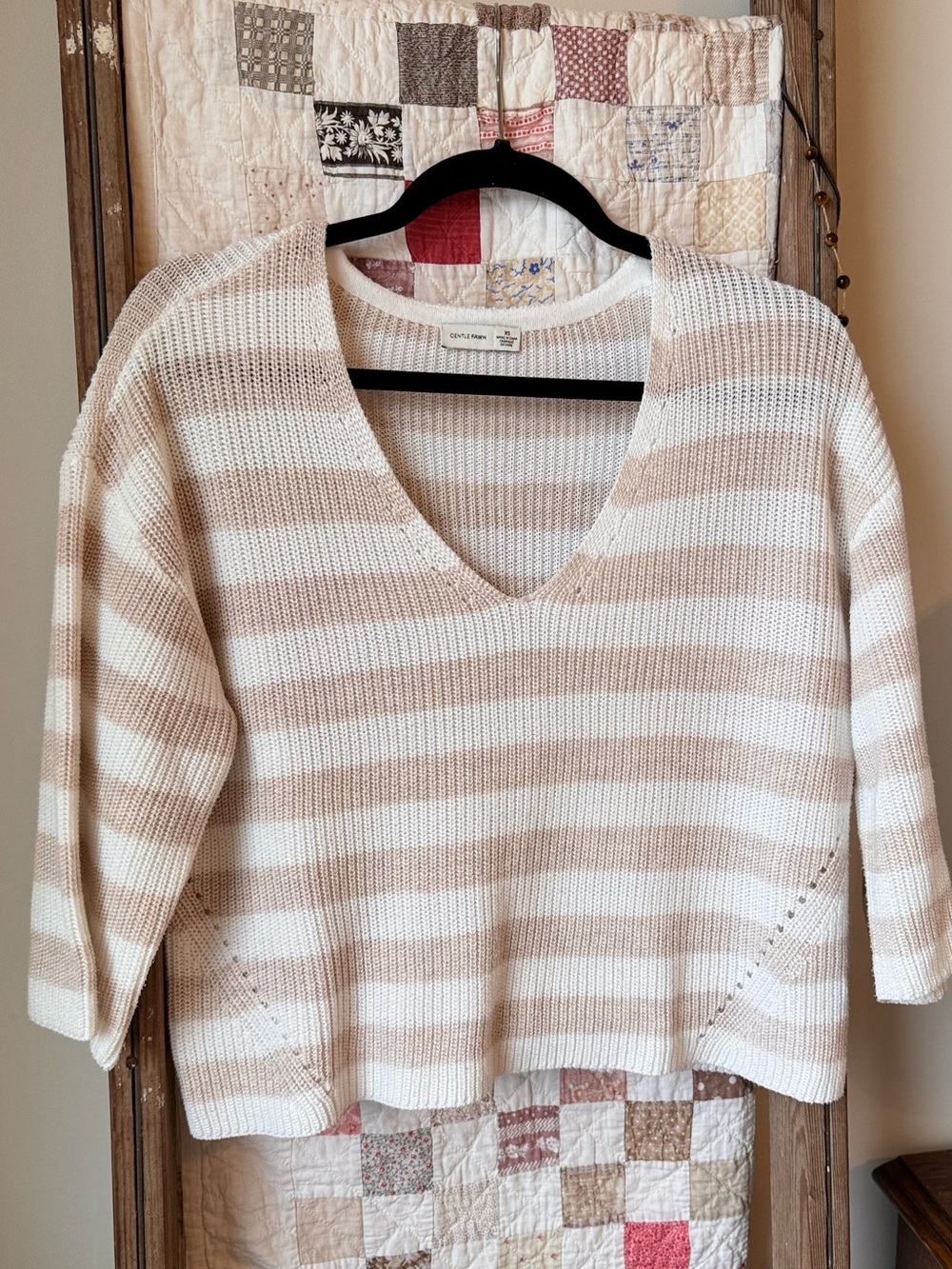 Gentle Fawn Striped V-Neck Sweater — Cream and Tan